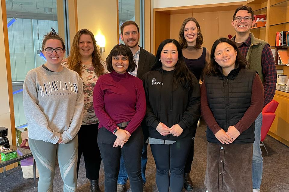 The members of the graduate writing group stand in two lines. Back row (from left): Daniel Ruggles, Ashley Gilliam, Joseph Weisberg, Marie Comuzzo. Front row, from left: Manning Zhang, Emily Thoman, Sanchita Dasgupta, Anna Valcour.