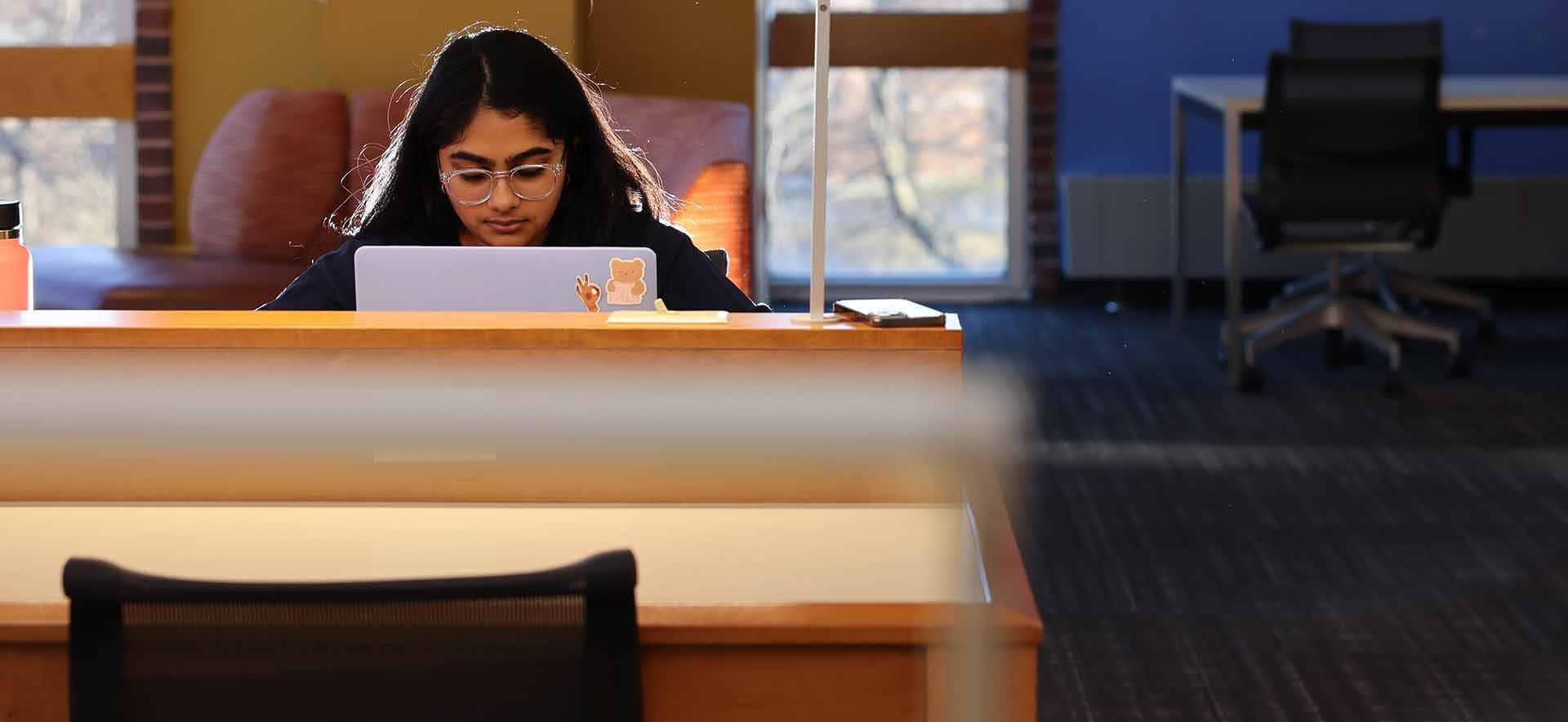 Brandeis students at a desk with computer